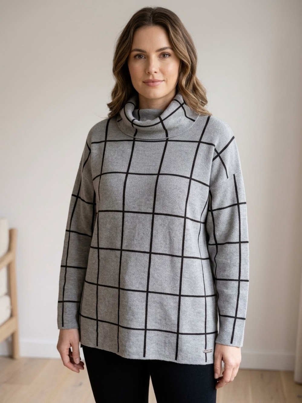 Calvin Klein Gray Windowpane Plaid Cowl Neck Tunic Sweater